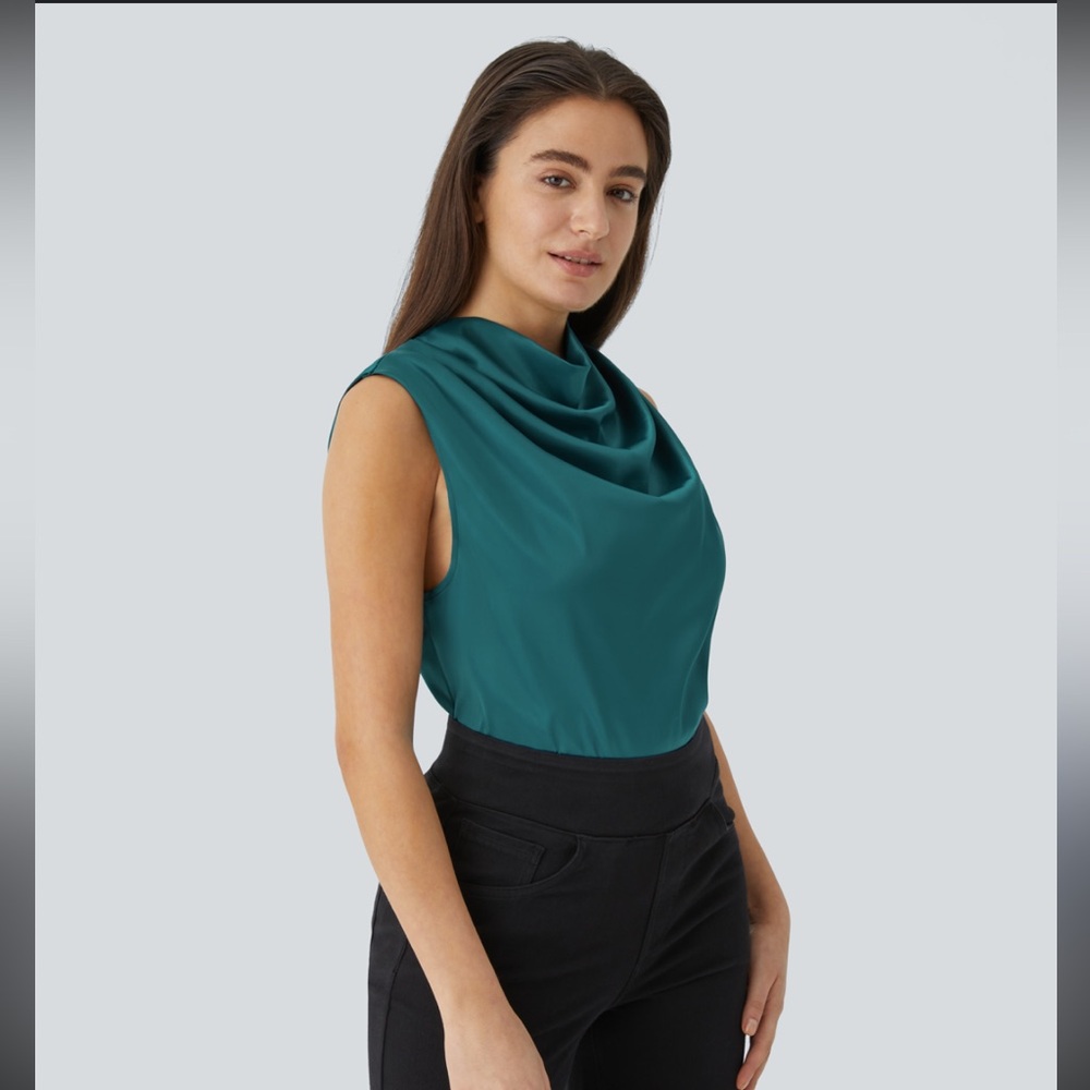 HALARA Teal Cowl Neck Blouse